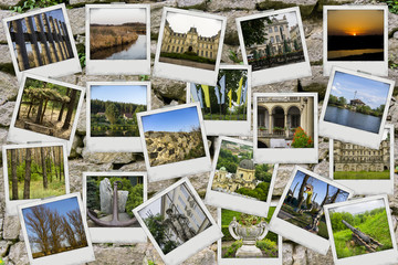 Fototapeta na wymiar Mosaic collage mix travel with pictures of different places, landscapes and objects shot by myself on old grey stone fence texture