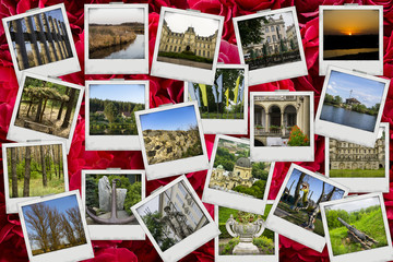 Fototapeta na wymiar Mosaic collage mix travel with pictures of different places, landscapes and objects shot by myself on bush of red rose flowers background