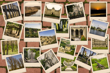 Fototapeta na wymiar Mosaic collage mix travel with pictures of different places, landscapes and objects shot by myself filtered on red stone paving texture