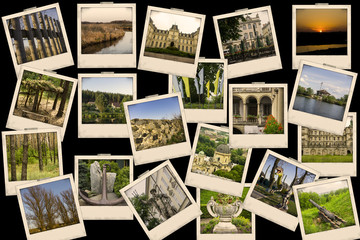 Fototapeta na wymiar Mosaic collage mix travel with pictures of different places, landscapes and objects shot by myself filtered on black background