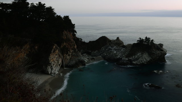  Time lapse footage with zoom out motion of Mc Way Falls at Dusk in Julia Pfeiffer Burns State Park, Big Sur, California