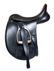 Obraz premium Black leather dressage saddle isolated on white background