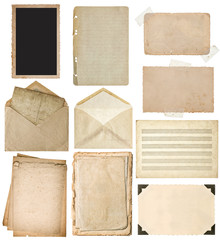Used paper sheets set. Vintage book pages, photo frames, texture