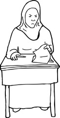 Outline of Frustrated Student at Desk - obrazy, fototapety, plakaty