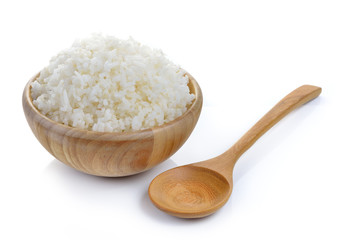 Fototapeta na wymiar rice in wood bowl on white background