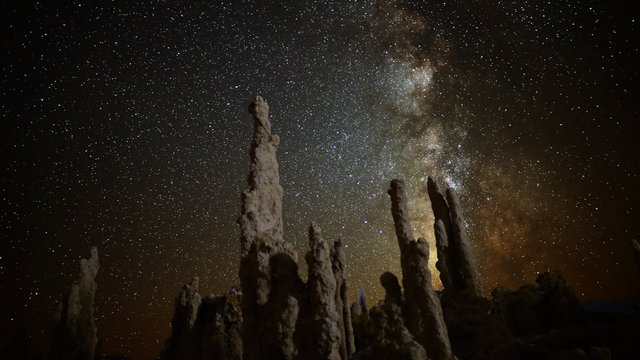  Astrophotography time lapse with tilt up motion of milky way galaxy and tufa formation in Mono Lake, California