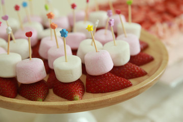 Strawberry and marshmallow on sticks Party food