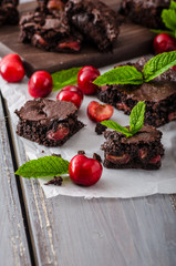 Chocolate brownies with cherries