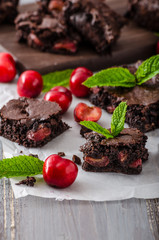 Chocolate brownies with cherries