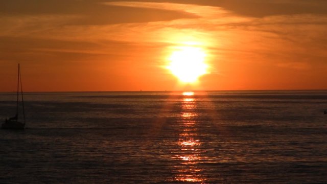 Footage of a sailboat passing by the beach at sunset  in Santa Monica/Venice area in California