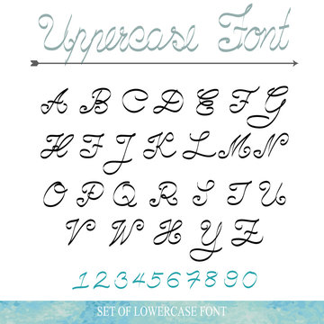 Black blue alphabet lowercase letters,cursivus,number.Hand drawn