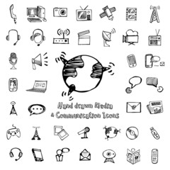Media and communication hand drawn icons. Vector