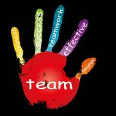 Conceptual children painted hand print word cloud