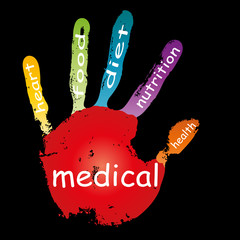 Conceptual children painted hand print health word cloud