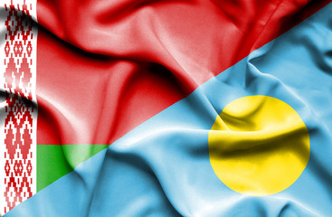 Waving flag of Palau and Belarus