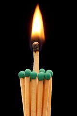 Group of green wooden matches with burning match in centre