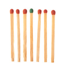 Set of six red and one green wooden matches