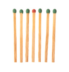 Set of six green and one red wooden matches