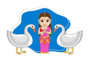 Indian Mythological Female Goddess with Swan Birds