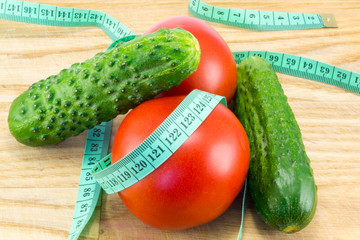 Cucumber and tomato with measuring