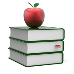 Books textbook stack green blank bookmark and red apple