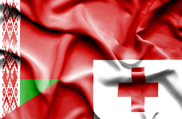 Waving flag of Tonga and Belarus