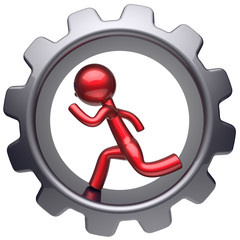 Man character run inside gearwheel human rotate cogwheel