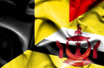 Waving flag of Brunei and Belgium