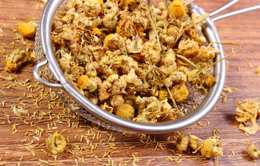 Dried chamomile on metal sieve, alternative medicine