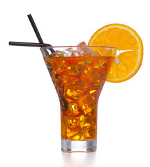 Fresh and cold ice tea with sliced orange isolated on white background