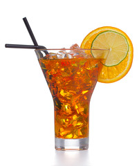 Fresh and cold ice tea with sliced orange isolated on white background