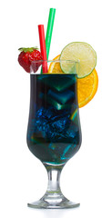 Blue cold coctail with ice isolated on white background