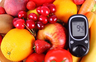 Glucometer with fruits and vegetables, healthy nutrition, diabetes