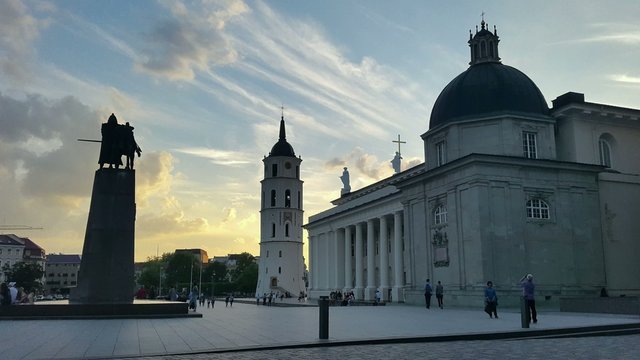 Vilnius cathedral square at evening time lapse. Lithuania