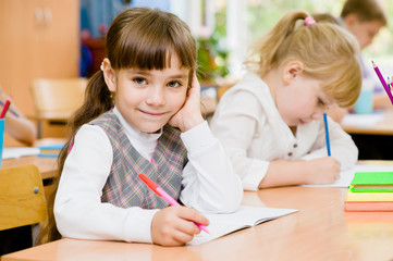 smiling schoolgirl looking at camera during lesson