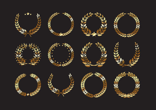 Set of gold award laurel wreaths and branches 