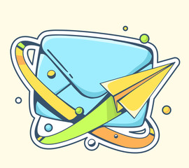 Vector illustration of yellow paper plane flying around blue env