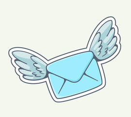 Vector illustration of blue envelope with wings flying on gray b