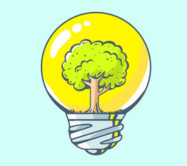 Vector illustration of yellow lightbulb with green tree inside o