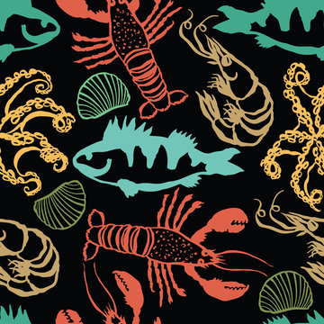 Sea Food colorful seamless dark pattern