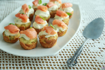 Homemade Spinach mini muffin with cream cheese and smoked salmon