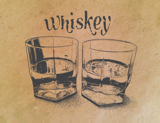 Whiskey in glasses on paper background. engraved style