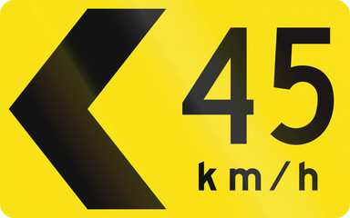 An Australian warning traffic sign - Chevron in curve with advisory speed
