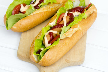 hot dogs on a wooden table