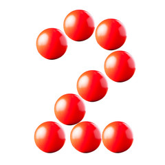 number made from red balls isolated on white background,number t