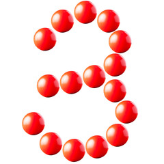 number made from red balls isolated on white background,number t