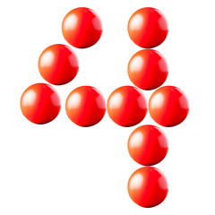 number made from red balls isolated on white background,number f
