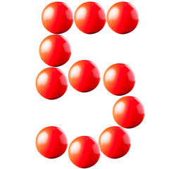 number made from red balls isolated on white background,number f