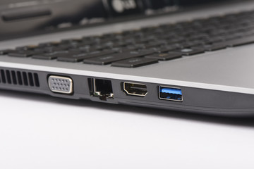 USB 3.0, LAN and graphic ports of laptop computer