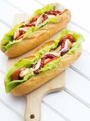 hot dogs on a wooden table